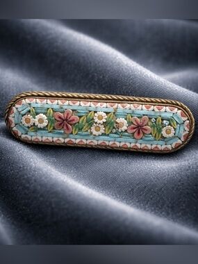 Antique Floral Micro-Mosaic Bar Brooch in Blue, Pink and White! Gorgeous!